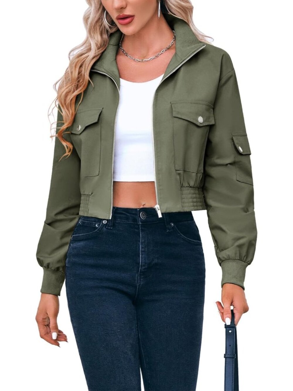Women's Green Cropped Lightweight Zip Up Short Coats Long Sleeve Bomber Jacket